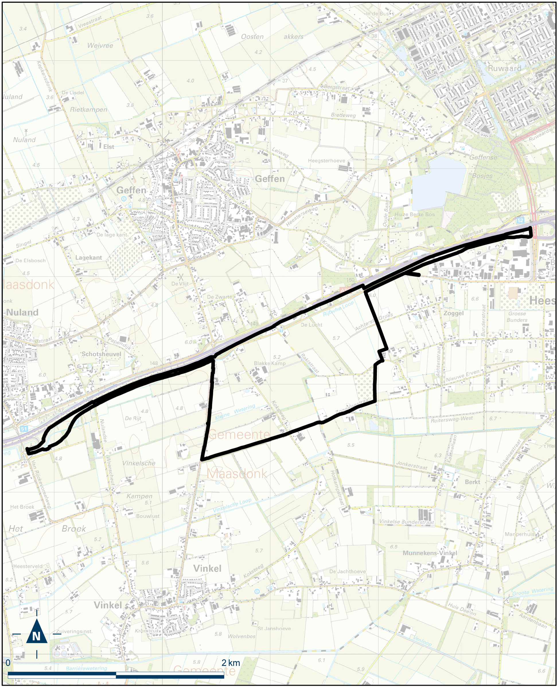 Kaart gemeenten Bernheze, ’s-Hertogenbosch, Maasdonk en Oss, Bestemmingsplan bedrijventerrein Heesch-West