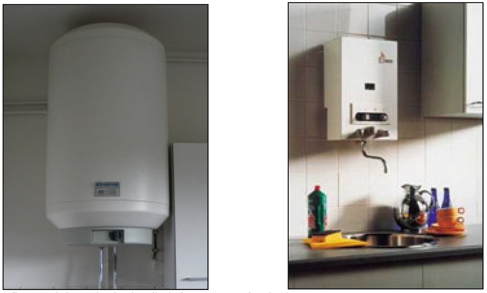 Afb. 12 Elektrische boiler (links) en geiser (rechts)