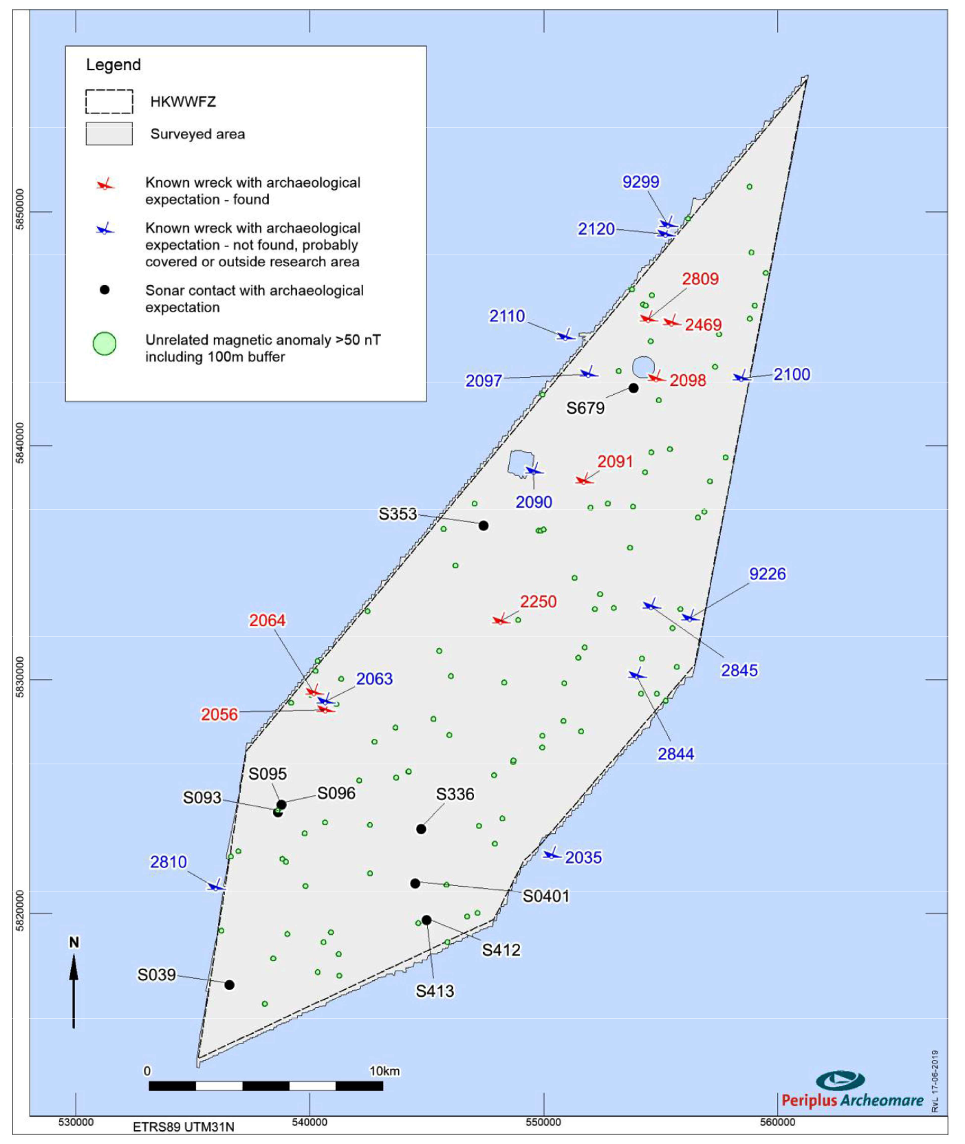 Figuur 5: Overzicht van locaties met mogelijk archeologisch waardevolle objecten en gemeten anomalieën in het gehele windenergiegebied Hollandse Kust (west)