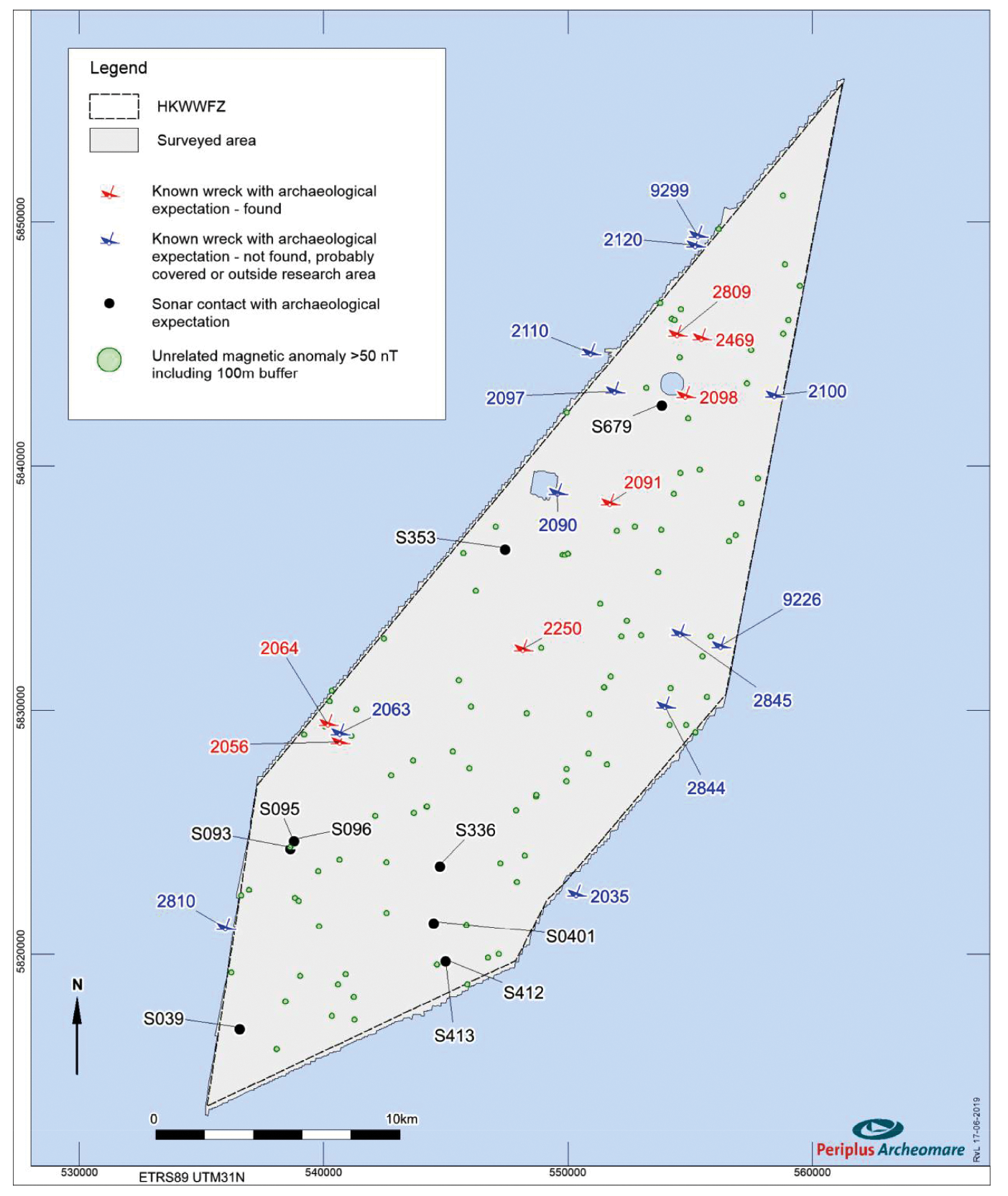 Figuur 5: Overzicht van locaties met mogelijk archeologisch waardevolle objecten en gemeten anomalieën in het gehele windenergiegebied Hollandse Kust (west)