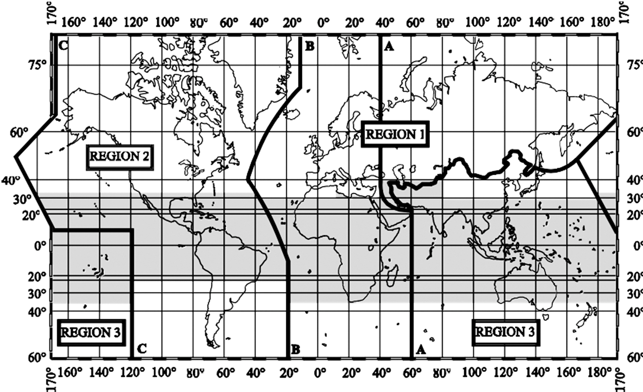The shaded part represents the Tropical Zones as defined in Nos. 5.16 to 5.20 and 5.21. 